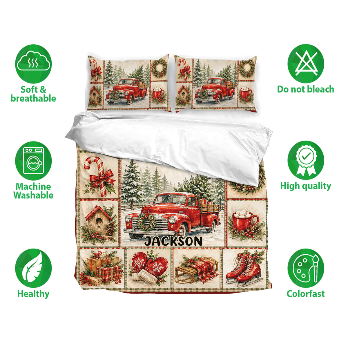 Christmas bedding set featuring vintage red trucks, snowy pine trees, wreaths, gifts, and festive holiday patchwork
