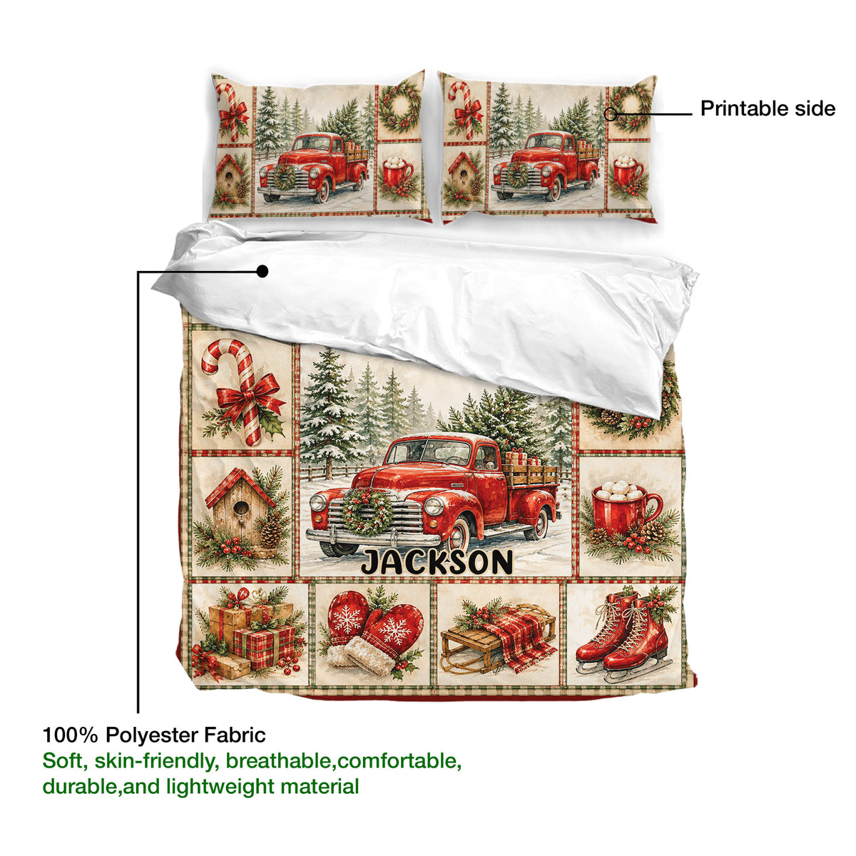 Christmas duvet cover with vintage red truck artwork, snowy forest scene, candy cane, wreath, and festive patchwork panels