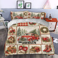 Christmas duvet cover bedding set styled in a bedroom with vintage red truck, wreath, pine tree, and red holiday accents