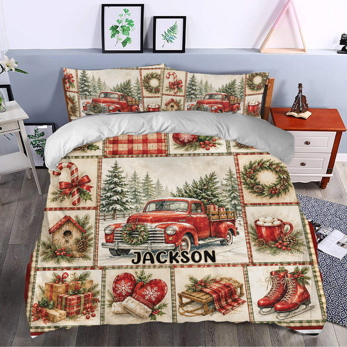 Christmas duvet cover bedding set styled in a bedroom with vintage red truck, wreath, pine tree, and red holiday accents