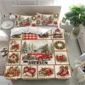 Christmas bedding set shown in a bright bedroom with vintage red trucks, snowy trees, wreaths, gifts, and festive patchwork