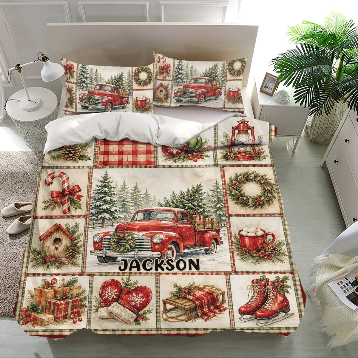 Christmas bedding set shown in a bright bedroom with vintage red trucks, snowy trees, wreaths, gifts, and festive patchwork