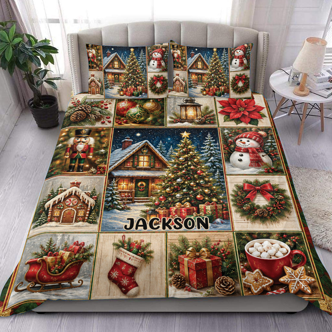 Christmas duvet cover set displayed on a bed with snowy cabins, trees, snowmen, gifts, wreaths, and nutcrackers