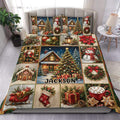 Christmas duvet cover set displayed on a bed with snowy cabins, trees, snowmen, gifts, wreaths, and nutcrackers