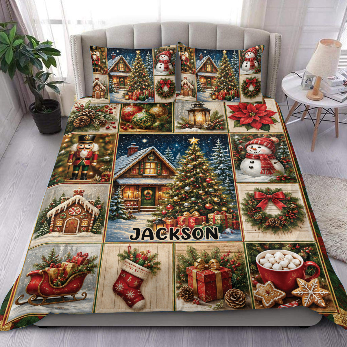 Christmas duvet cover set displayed on a bed with snowy cabins, trees, snowmen, gifts, wreaths, and nutcrackers