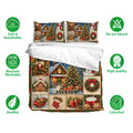 Christmas bedding set with matching pillowcases, festive cabin collage artwork, and soft breathable fabric feature icons