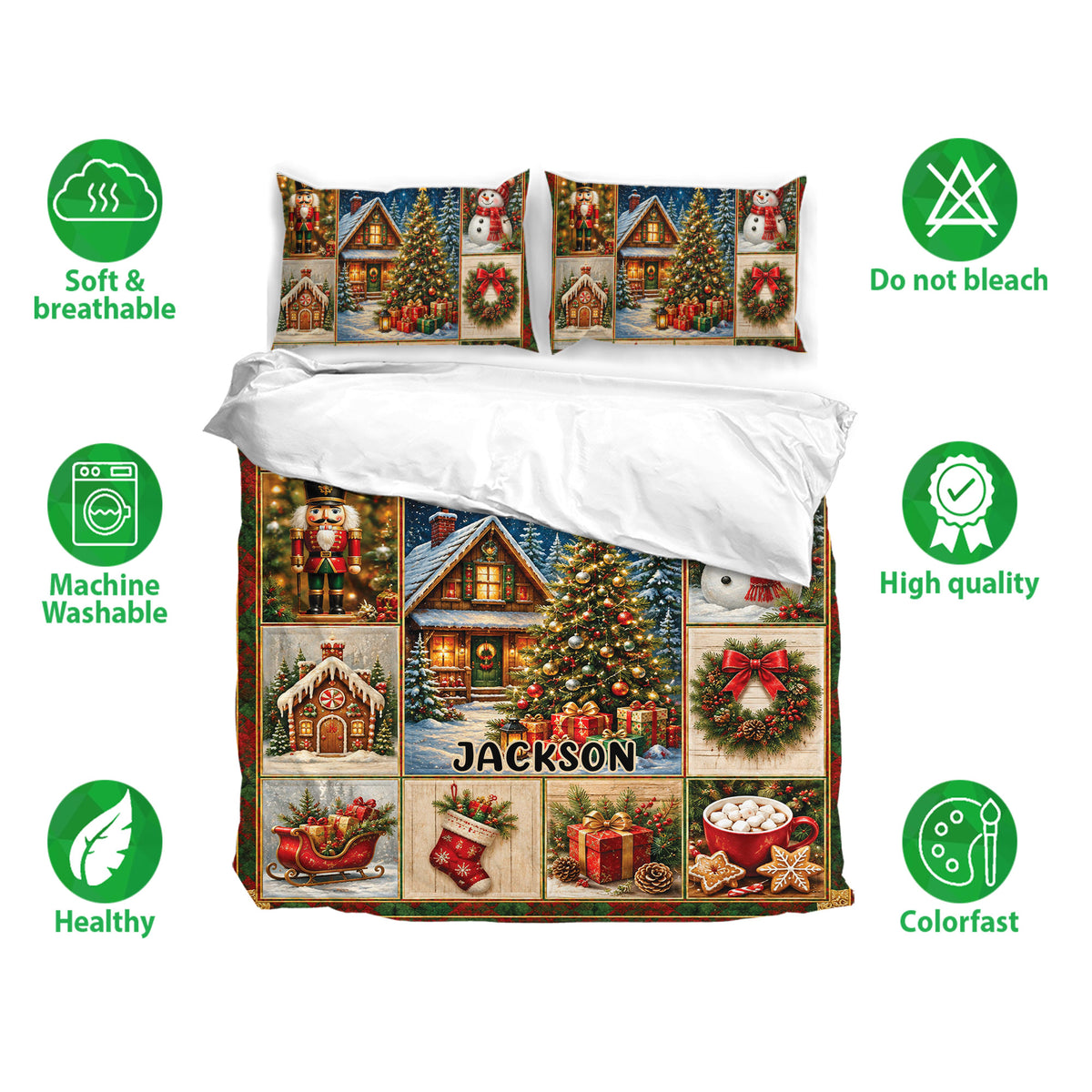 Christmas bedding set with matching pillowcases, festive cabin collage artwork, and soft breathable fabric feature icons