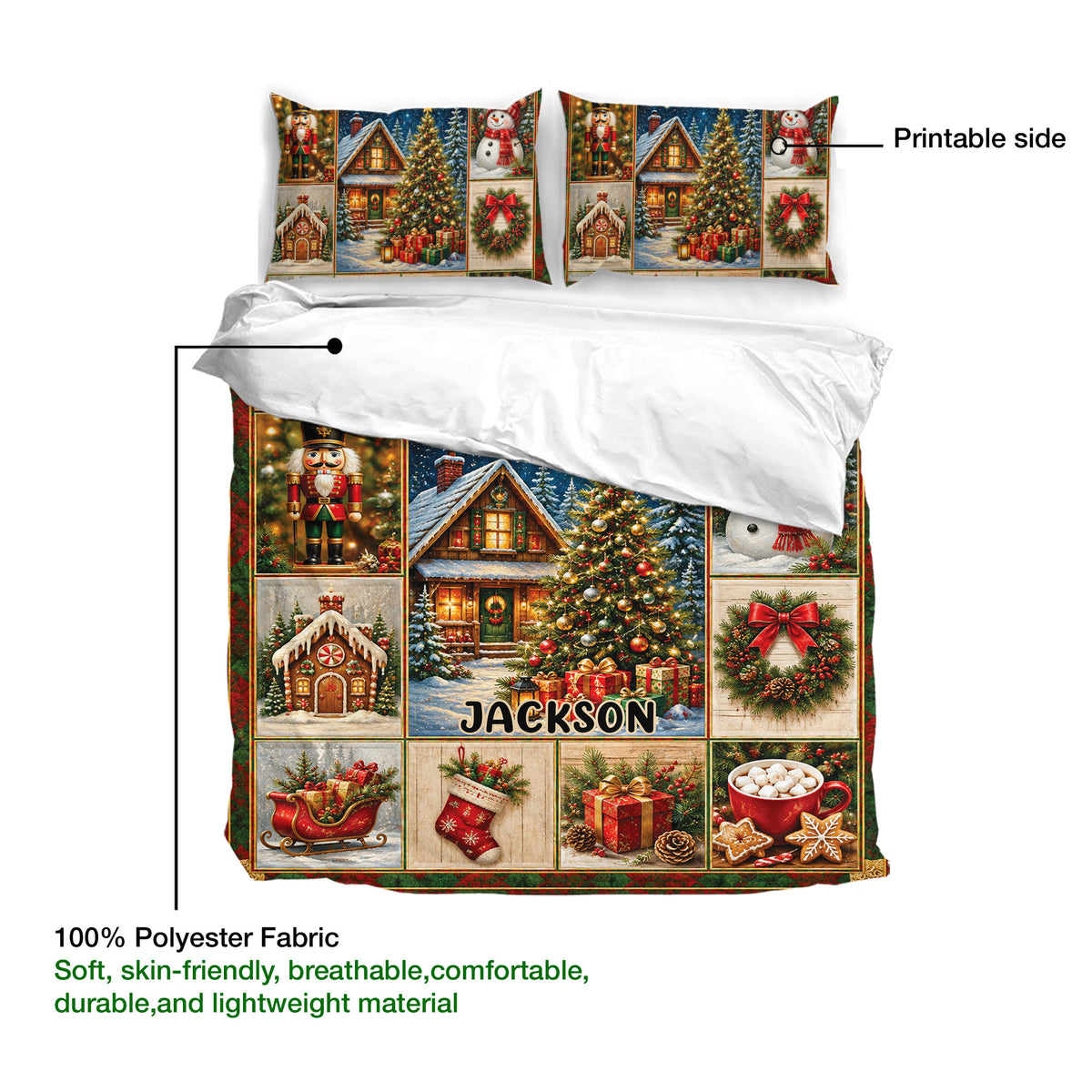 Christmas duvet cover bedding set showing printable artwork, matching pillowcases, and lightweight polyester fabric details