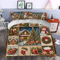 Festive Christmas duvet cover styled in a bedroom with snowy cabins, decorated trees, snowmen, wreaths, and gifts