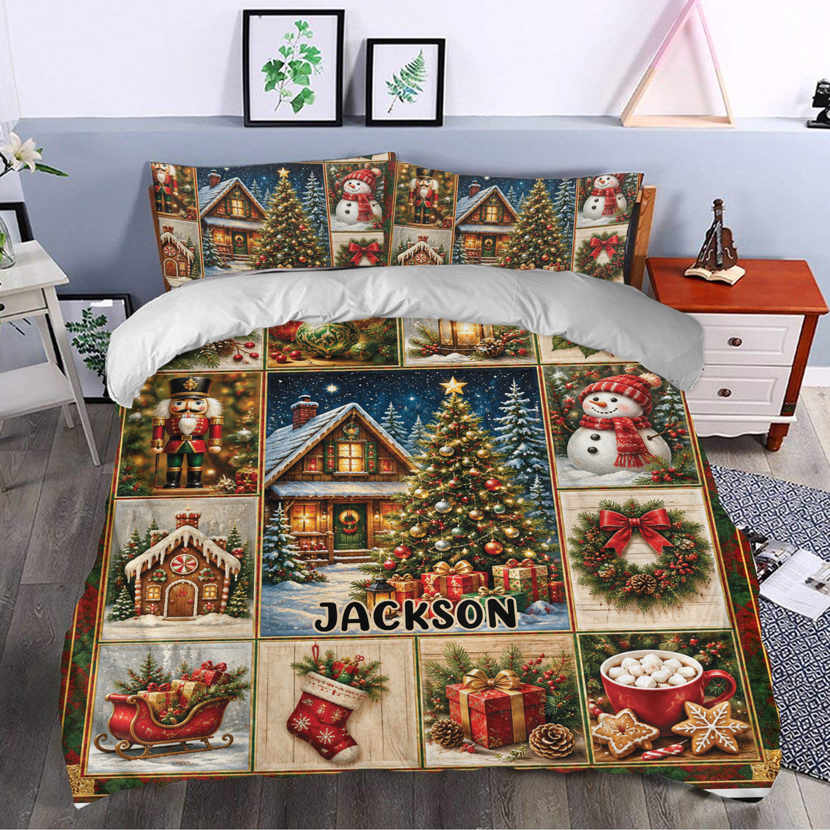 Festive Christmas duvet cover styled in a bedroom with snowy cabins, decorated trees, snowmen, wreaths, and gifts