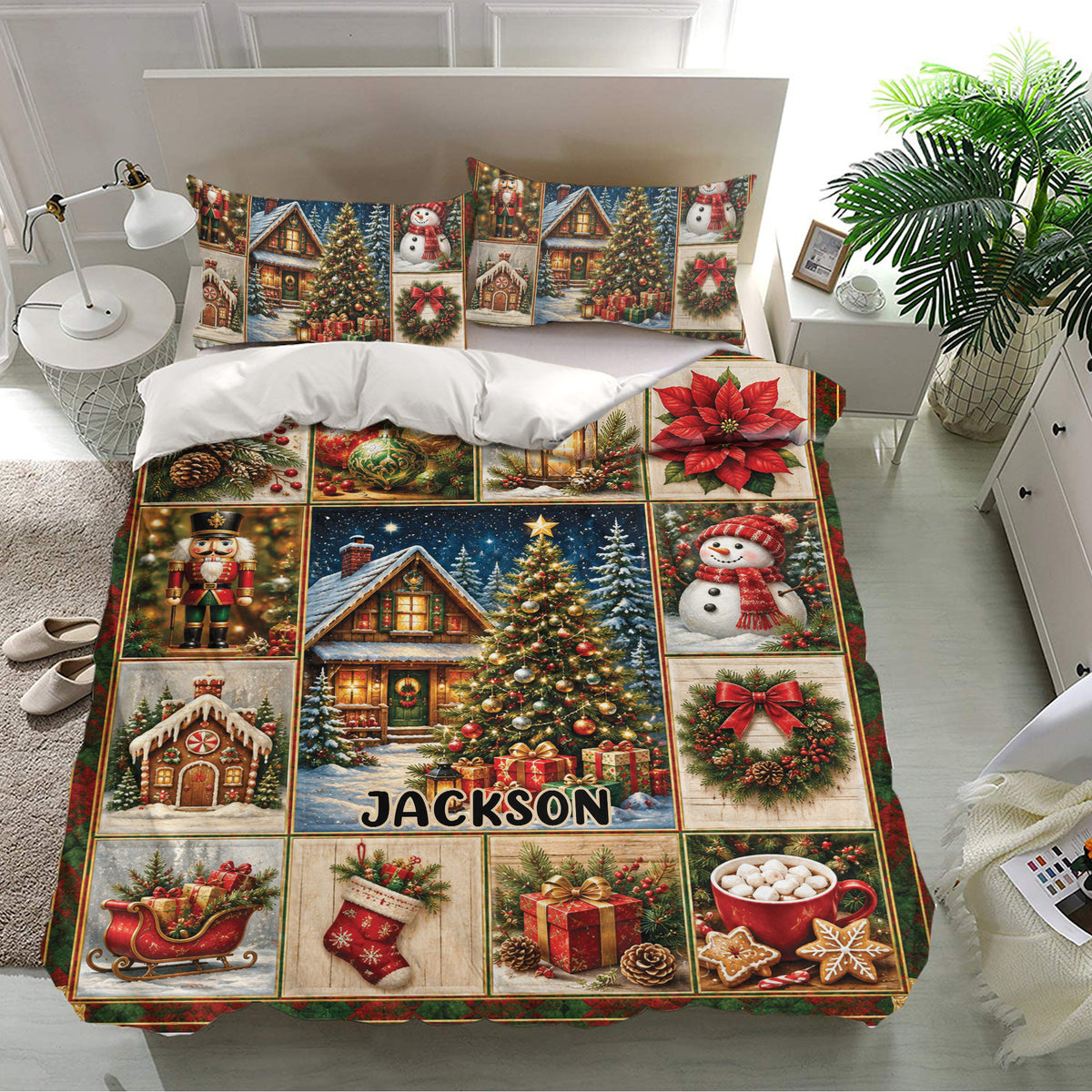 Christmas bedroom decor featuring a colorful duvet cover set with nutcrackers, poinsettias, ornaments, stockings, and gifts