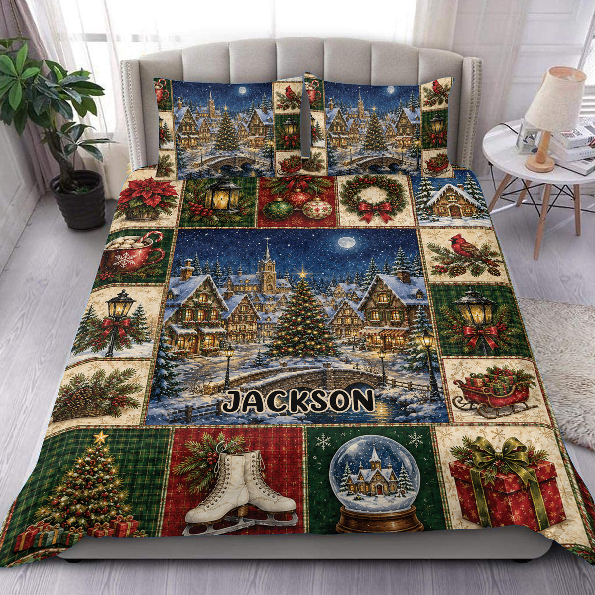 Christmas duvet cover set displayed on a bed with a snowy village, decorated tree, gifts, lanterns, and holiday patchwork