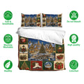 Christmas bedding set with snowy village artwork, matching pillowcases, breathable fabric, and vibrant holiday colors