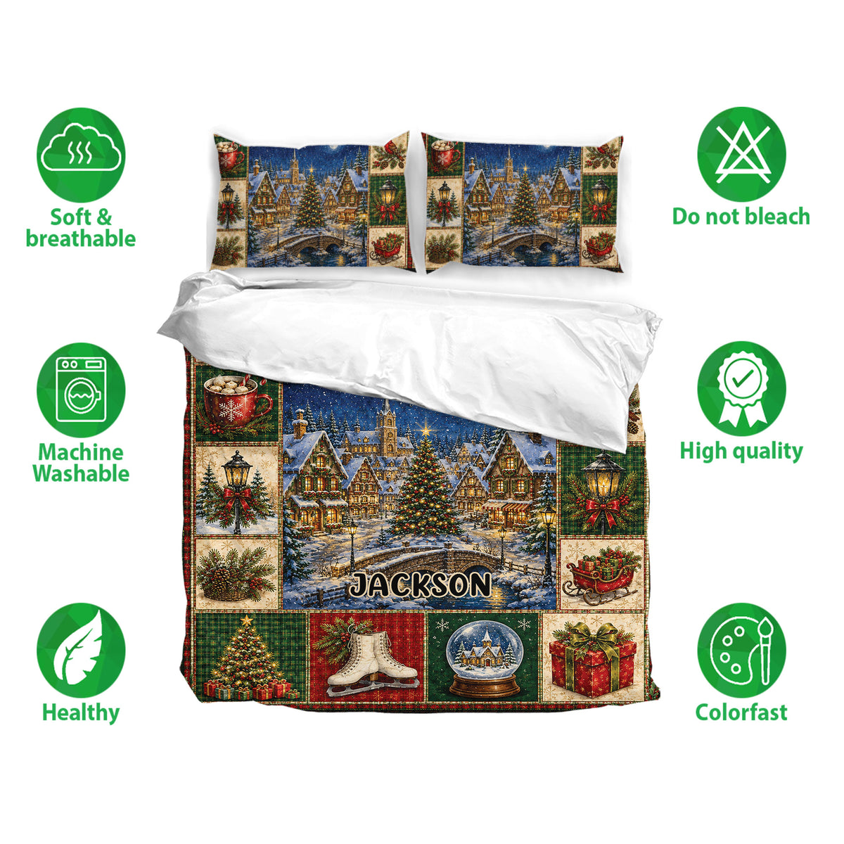 Christmas bedding set with snowy village artwork, matching pillowcases, breathable fabric, and vibrant holiday colors