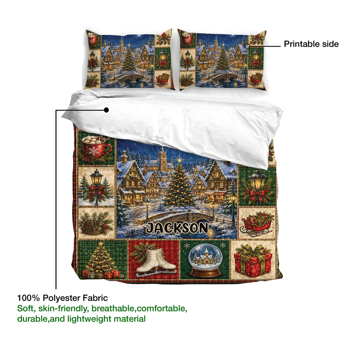 Christmas duvet cover bedding set showing the printed fabric side, snowy village scene, trees, gifts, and ice skates