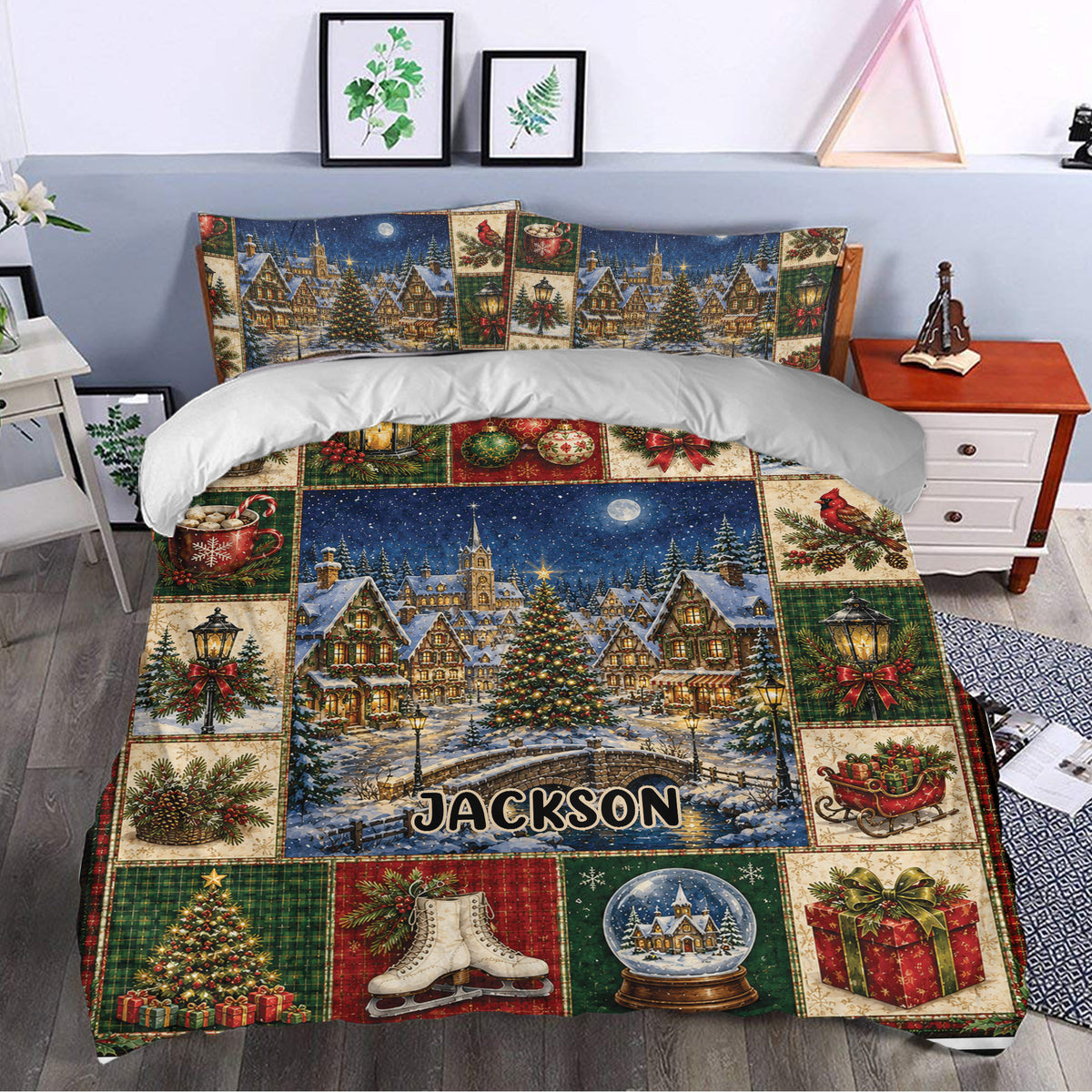 Christmas duvet cover set styled in a bedroom with a snowy village, decorated tree, lanterns, gifts, and festive patchwork