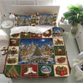 Holiday bedroom decor featuring a Christmas duvet cover set with matching pillowcases, snowy village art, ornaments, and gifts