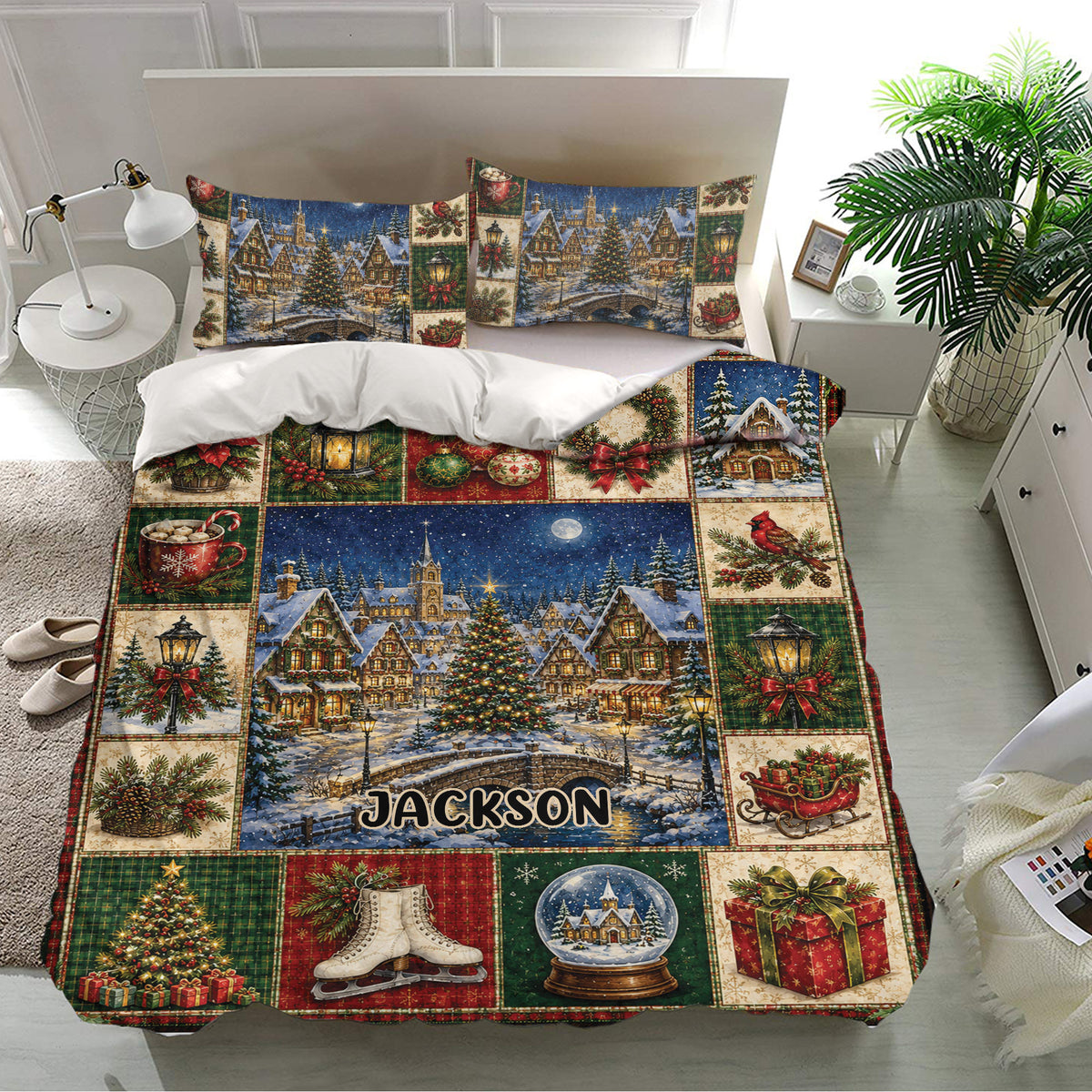 Holiday bedroom decor featuring a Christmas duvet cover set with matching pillowcases, snowy village art, ornaments, and gifts