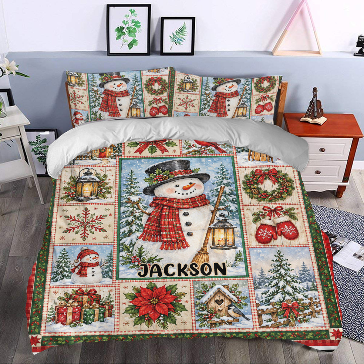Snowman Christmas duvet cover bedding set styled in a cozy bedroom with festive holiday decor