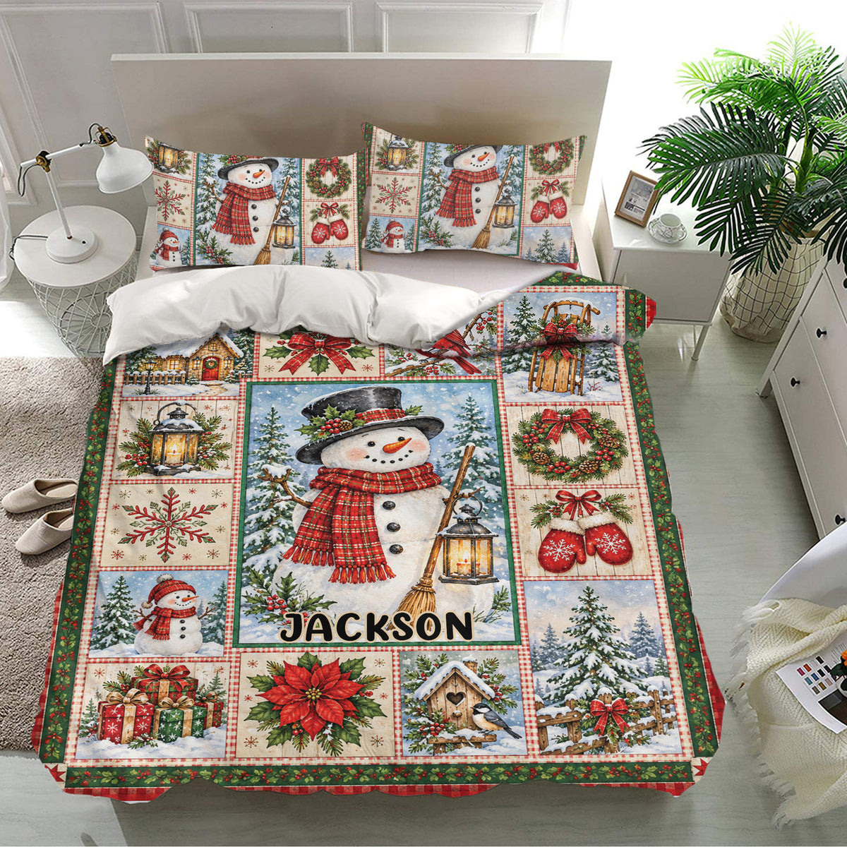 Christmas bedding set featuring snowmen, poinsettias, wreaths, gifts, cardinals, and snowy woodland scenes