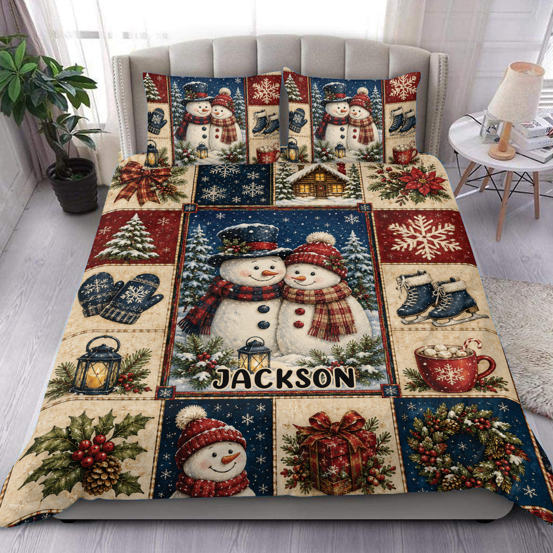 Christmas duvet cover set with snowmen, snowflakes, wreaths, gifts, trees and rich red and navy bedroom styling