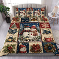 Christmas duvet cover set with snowmen, snowflakes, wreaths, gifts, trees and rich red and navy bedroom styling