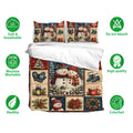 Christmas bedding set displayed with snowman pillowcases and festive panels, highlighting soft breathable fabric and care icons