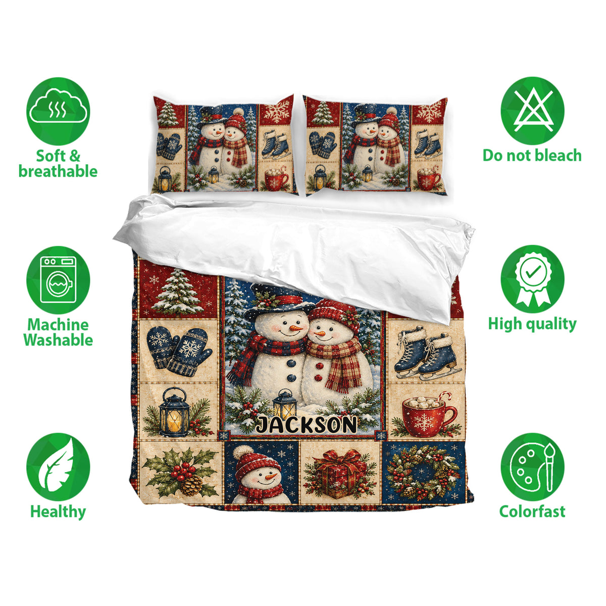 Christmas bedding set displayed with snowman pillowcases and festive panels, highlighting soft breathable fabric and care icons