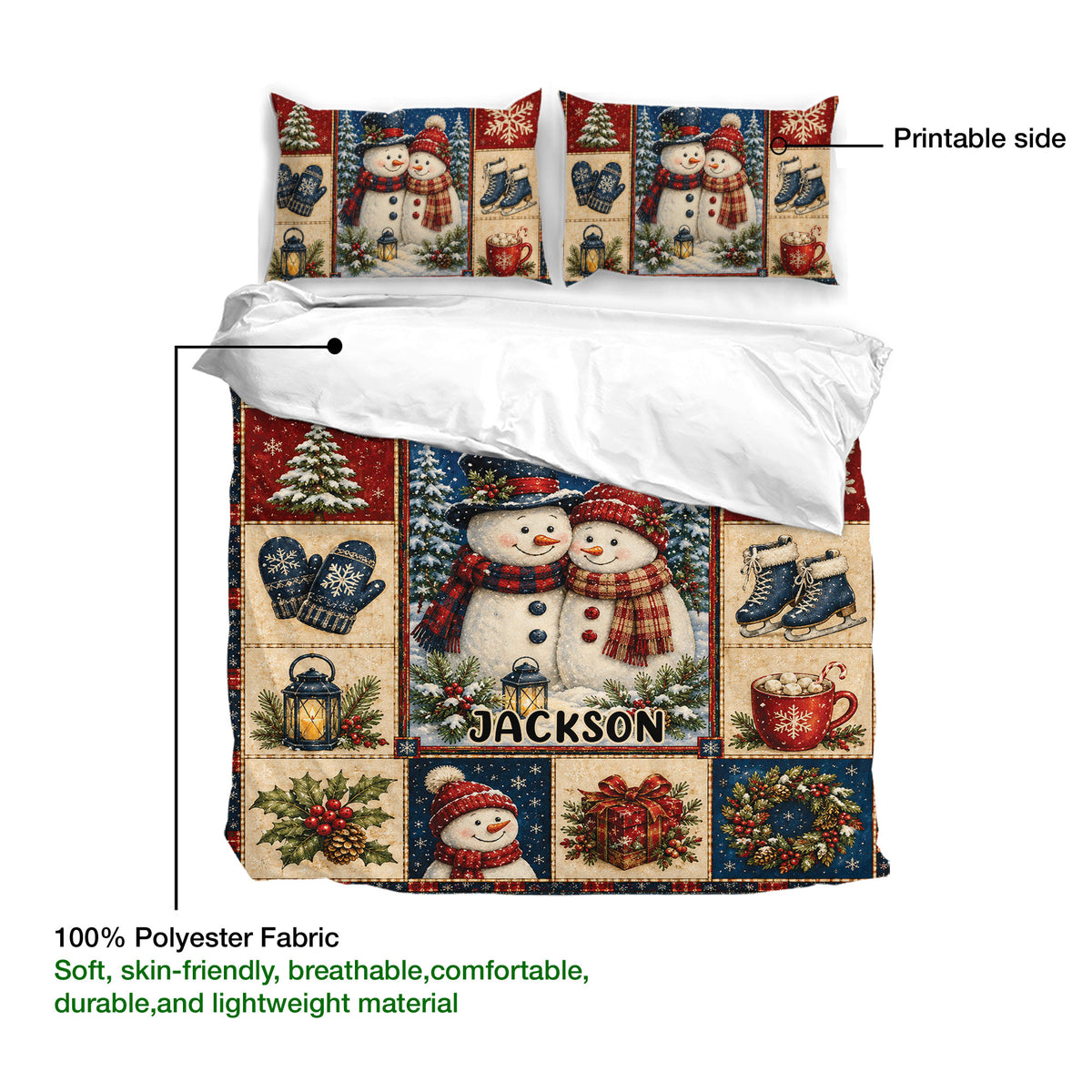 Christmas duvet cover bedding set shown with snowman artwork, printable surface and soft polyester fabric details