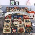 Snowman Christmas duvet cover set styled in a bedroom with snowy scenes, evergreen branches, lanterns and festive accents