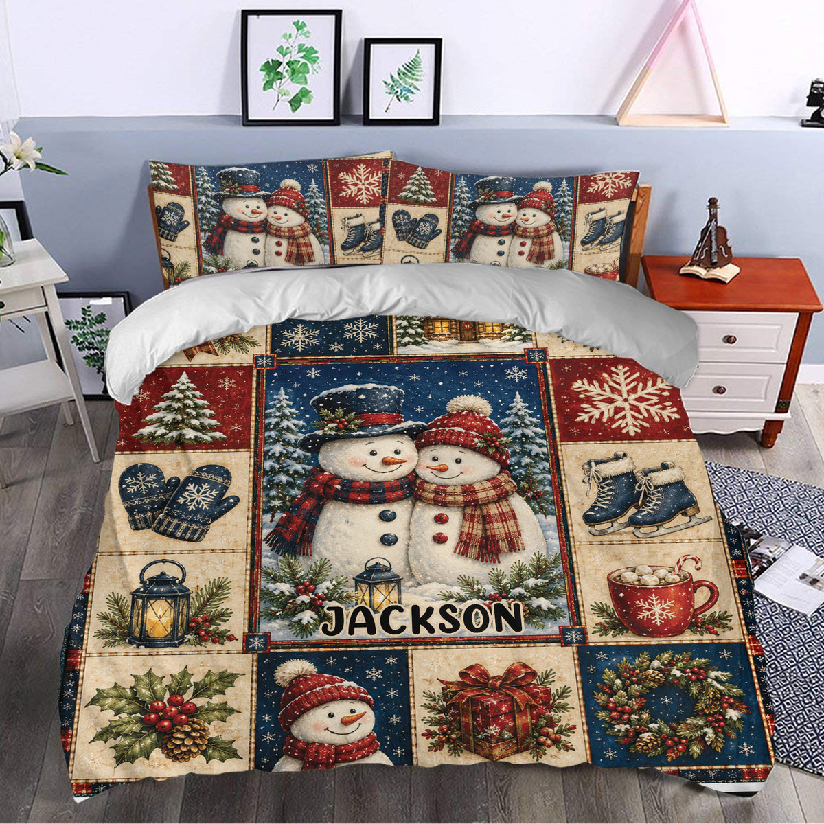 Snowman Christmas duvet cover set styled in a bedroom with snowy scenes, evergreen branches, lanterns and festive accents