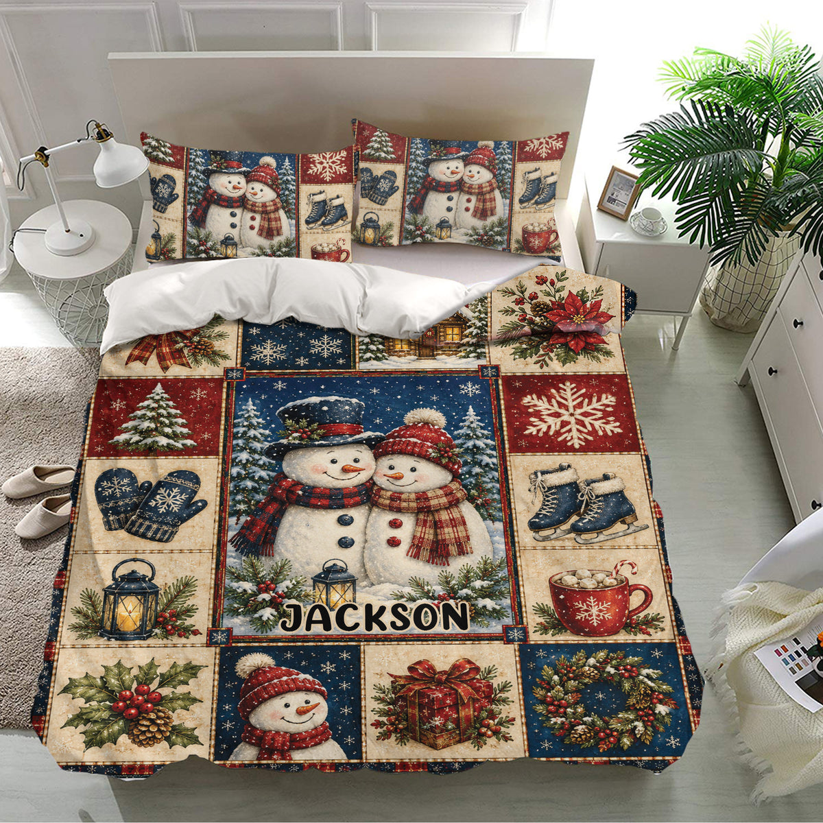 Christmas bedding set in a bright bedroom featuring snowmen, poinsettias, mugs, mittens, skates and winter greenery