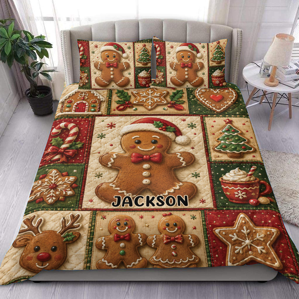 Christmas gingerbread duvet cover set displayed on a bed with festive red, green, and cream artwork