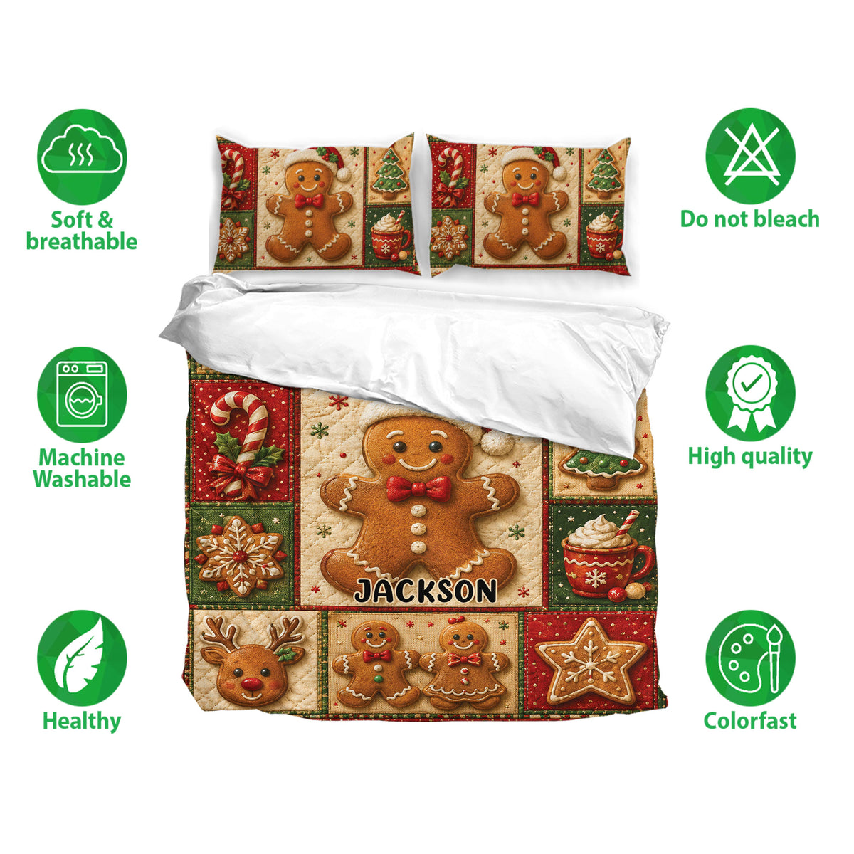 Christmas gingerbread duvet cover bedding set with matching pillowcases and soft breathable fabric features