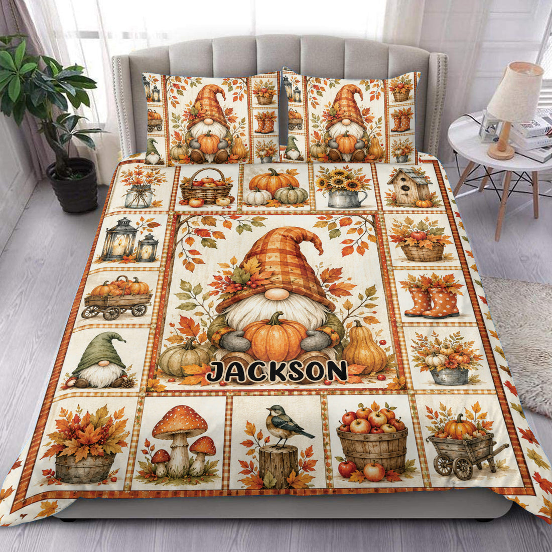Gnome duvet cover bedding set displayed on a bed with pumpkins, autumn leaves, lanterns, and harvest artwork