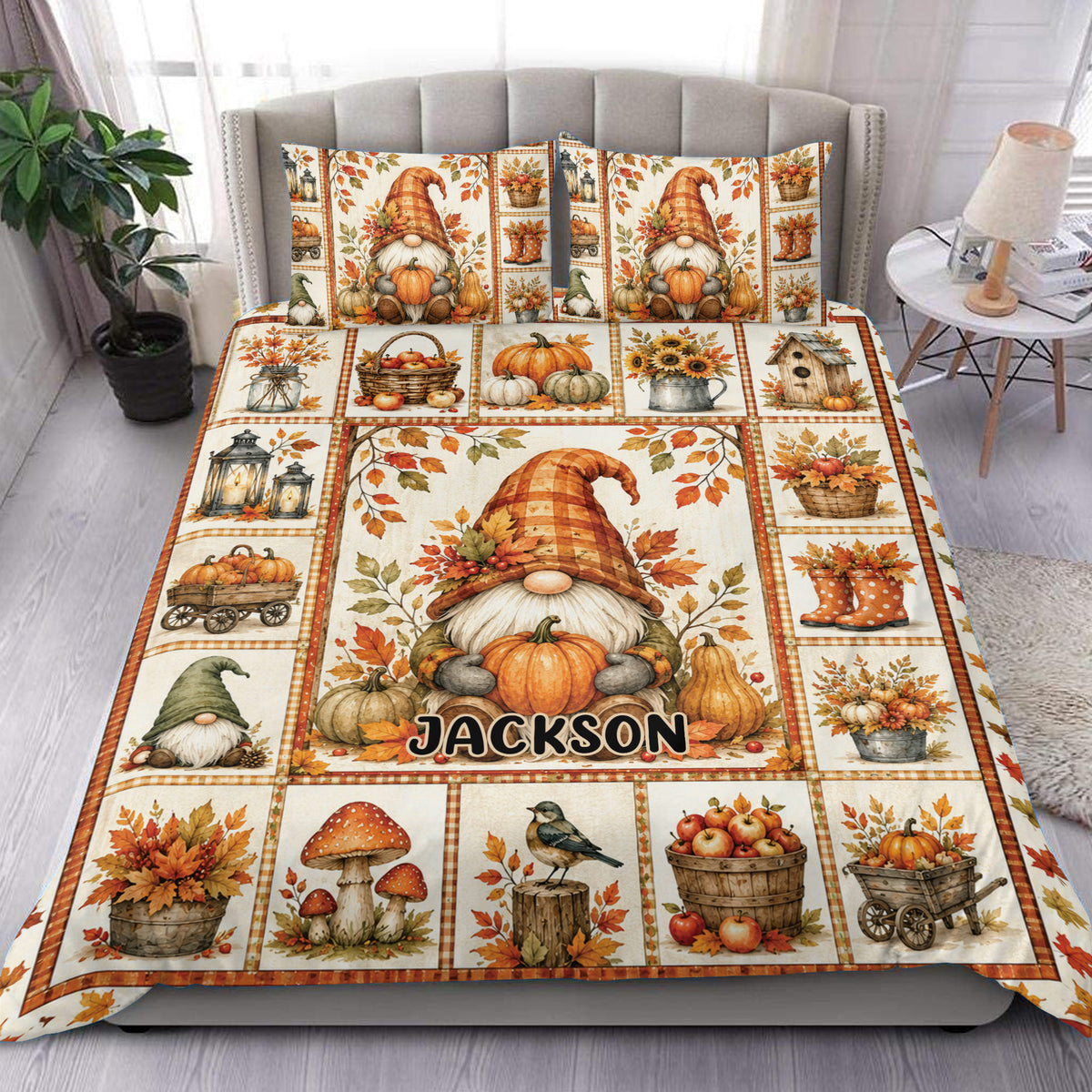 Gnome duvet cover bedding set displayed on a bed with pumpkins, autumn leaves, lanterns, and harvest artwork