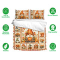 Fall gnome duvet cover bedding set with matching pillowcases and colorful harvest artwork shown on a bed