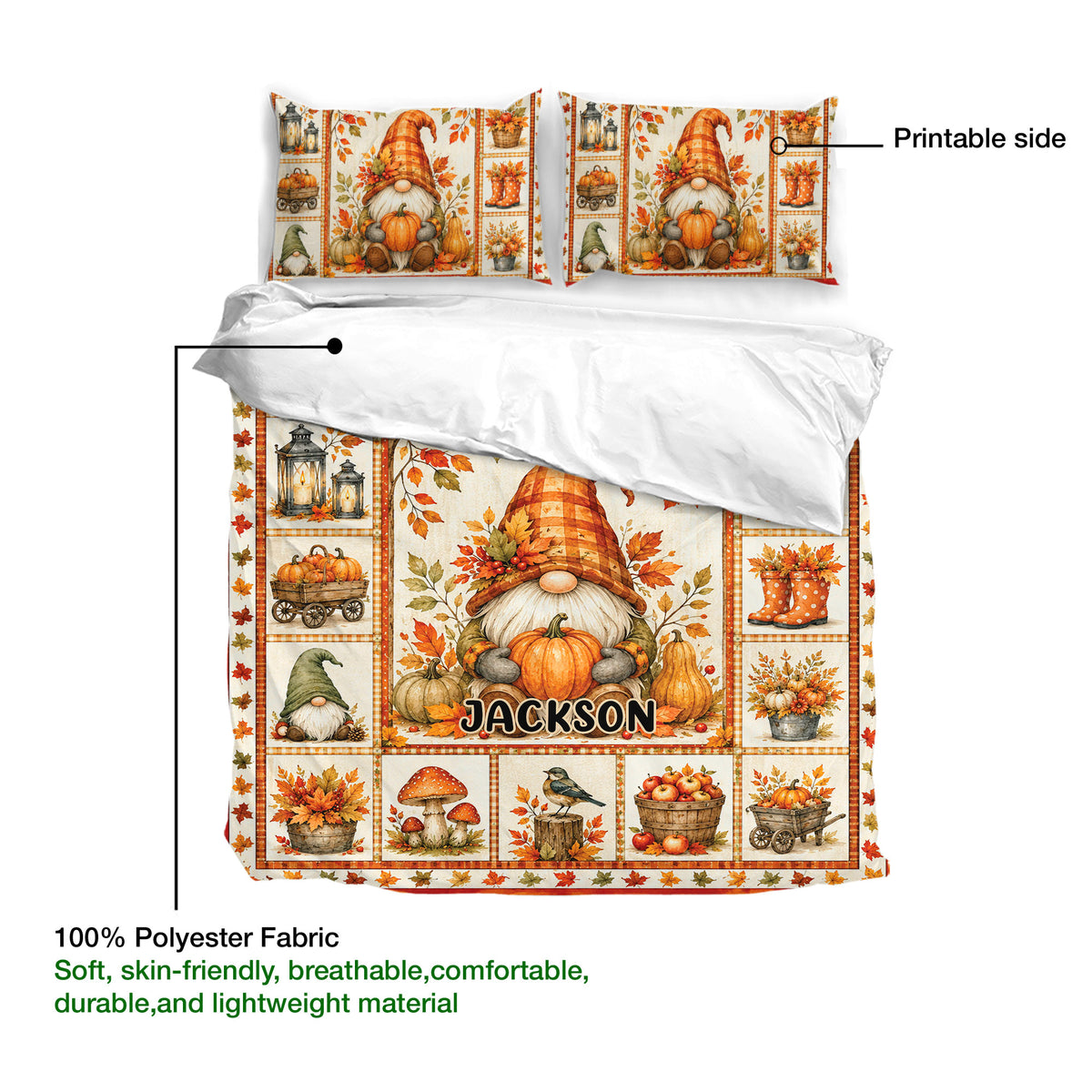 Gnome duvet cover bedding set presentation highlighting the printable fall artwork and soft polyester fabric