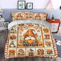 Autumn gnome duvet cover bedding set styled in a bedroom with pumpkins, leaves, and rustic harvest details