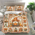 Gnome bedding set displayed in a bright bedroom with matching pillowcases and detailed fall harvest artwork