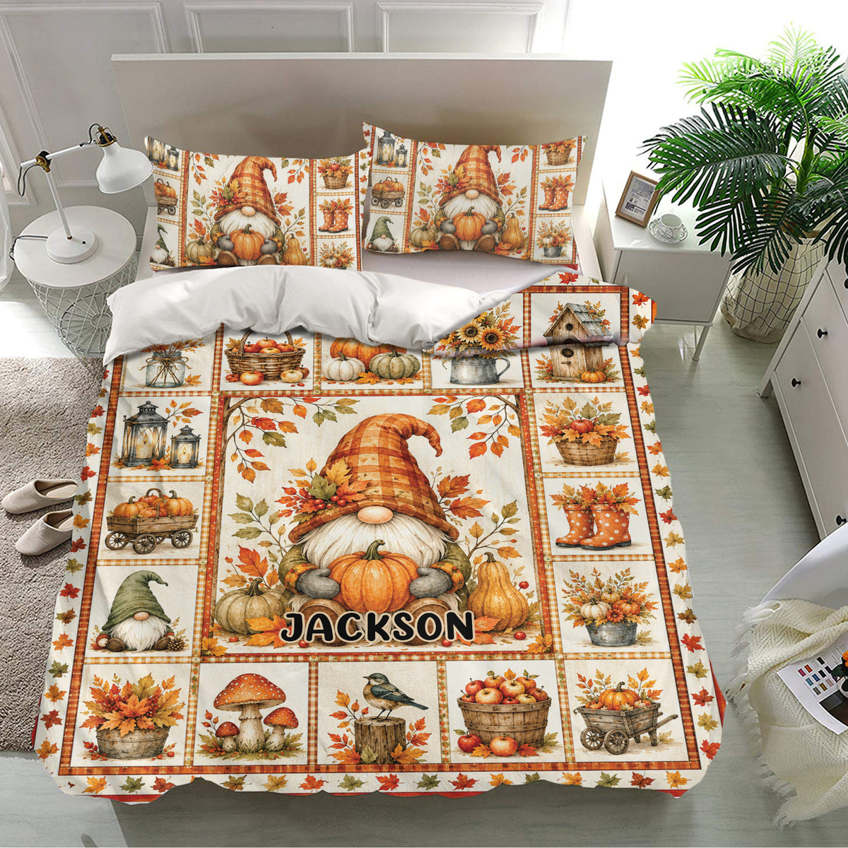 Gnome bedding set displayed in a bright bedroom with matching pillowcases and detailed fall harvest artwork