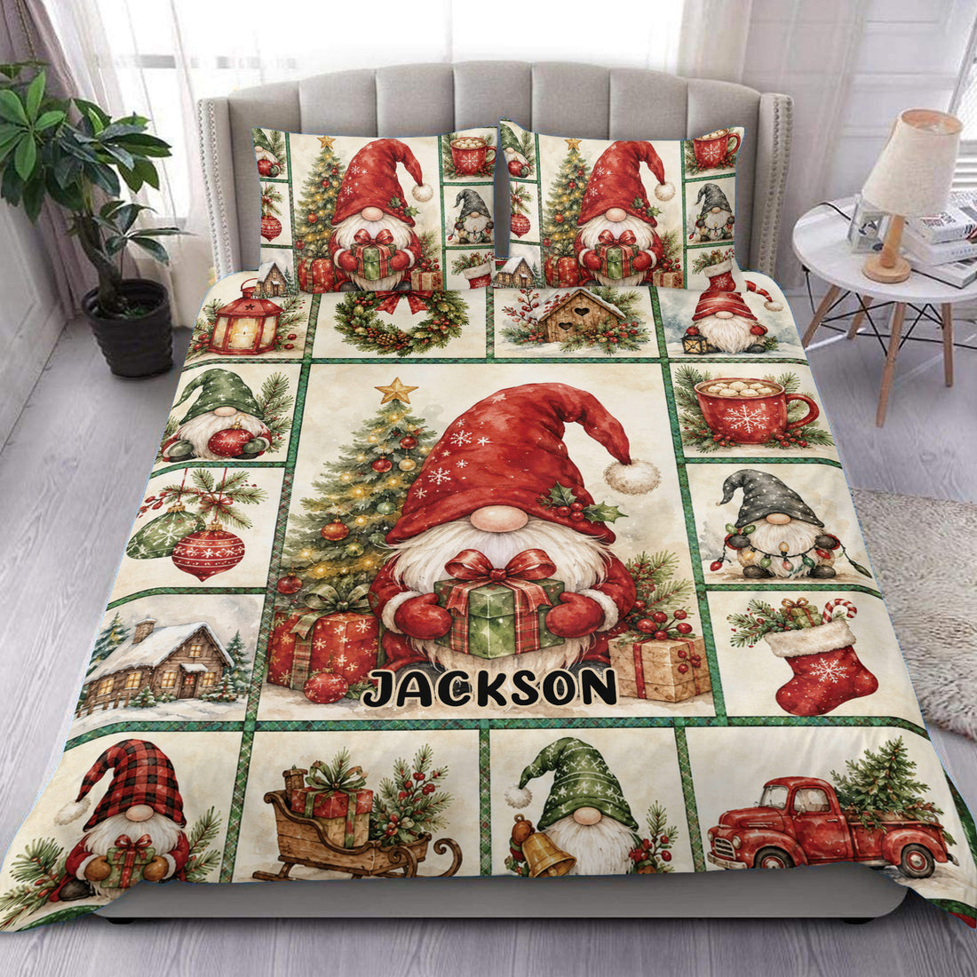 Custom Christmas gnome duvet cover bedding set styled on a bedroom with trees, gifts, stockings, and ornaments