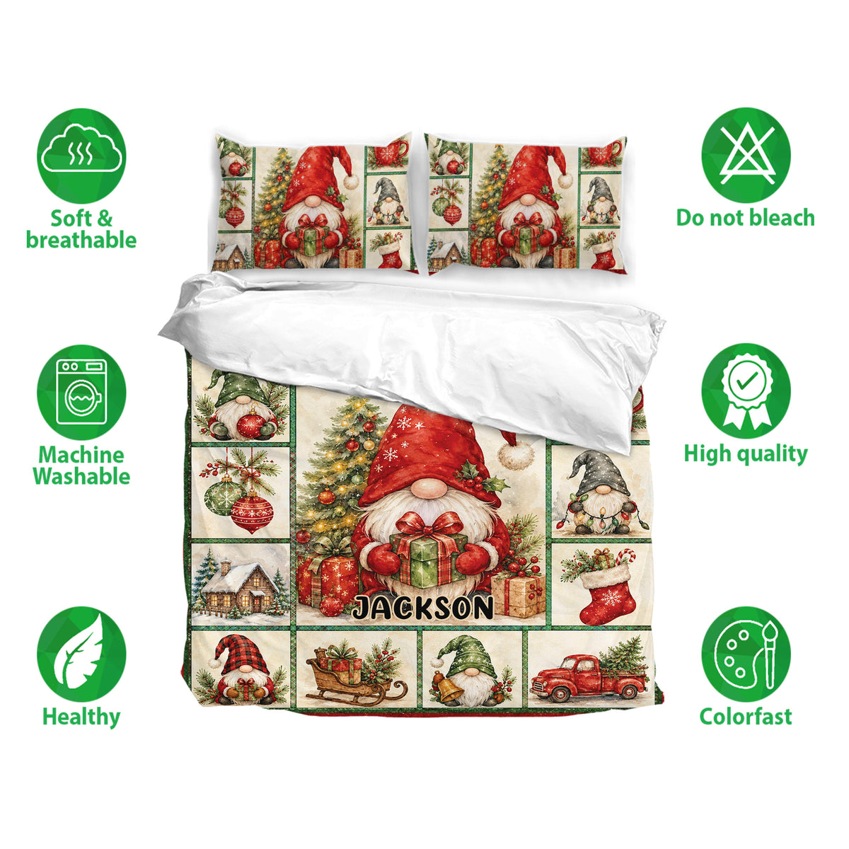 Christmas gnome duvet cover set displayed with matching printed pillowcases and a festive red and green design