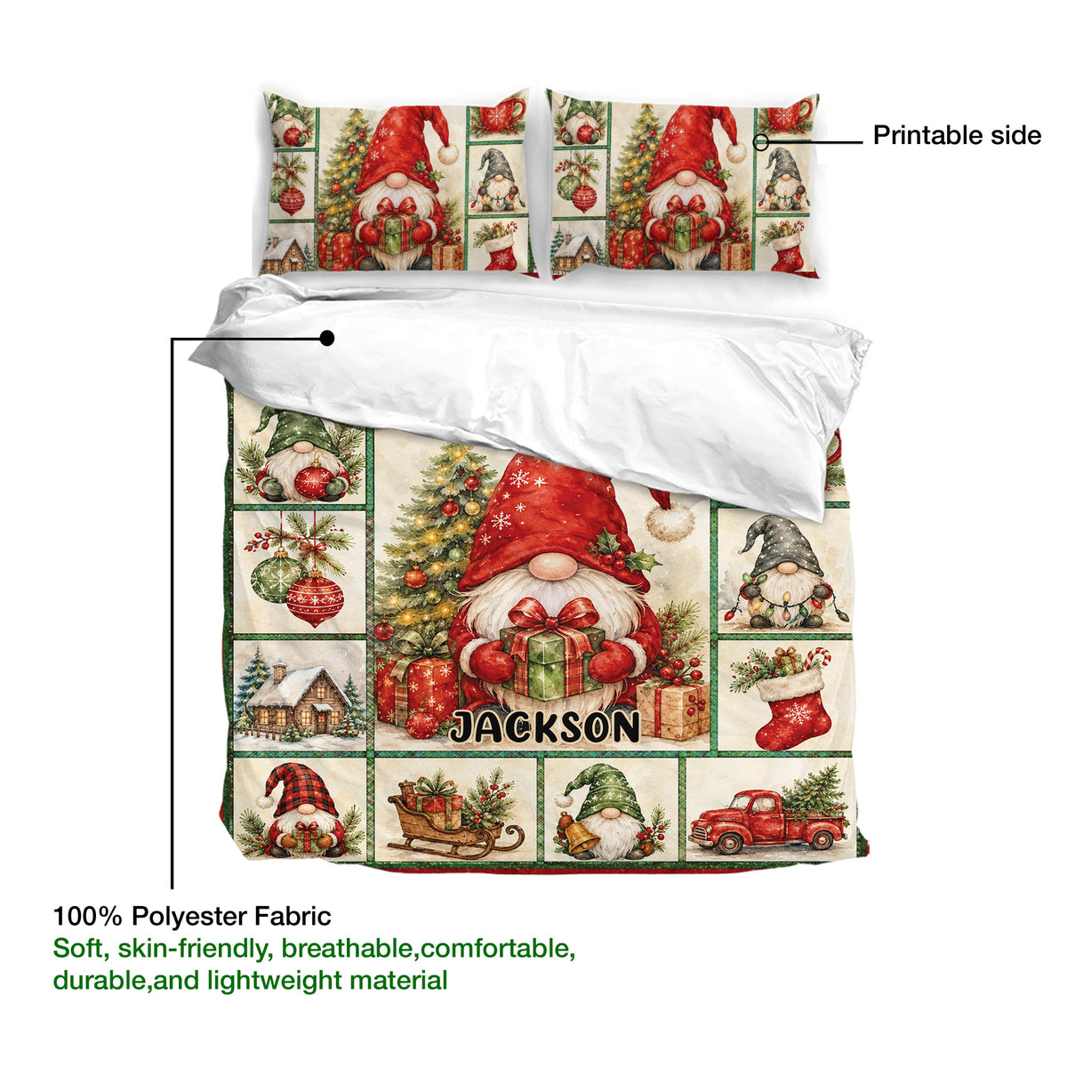 Gnome Christmas duvet cover bedding set showing the printed side, soft neutral background, and festive artwork