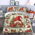 Festive gnome duvet cover set styled in a bedroom with Christmas trees, ornaments, gifts, and seasonal decor