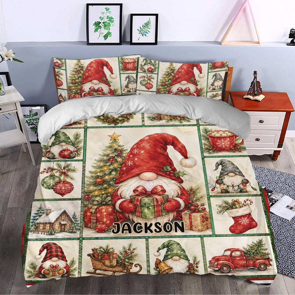 Festive gnome duvet cover set styled in a bedroom with Christmas trees, ornaments, gifts, and seasonal decor