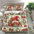 Christmas gnome bedding set displayed in a bright bedroom with red and green holiday artwork