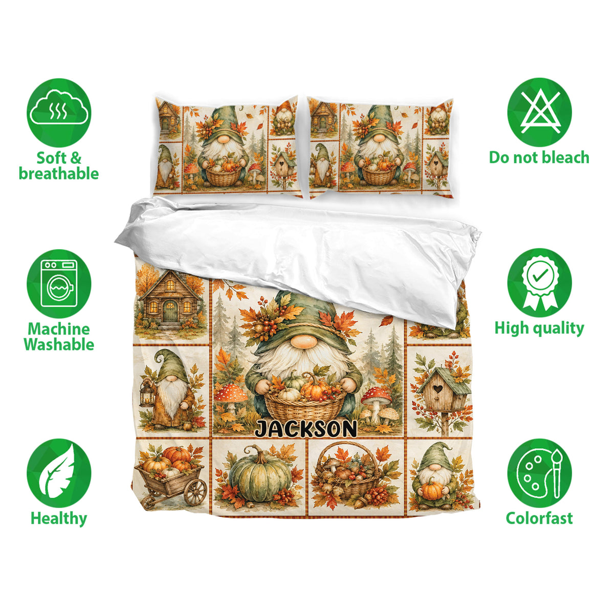 Gnome bedding set with autumn harvest artwork, pumpkin scenes, soft fabric icons, and matching pillowcases