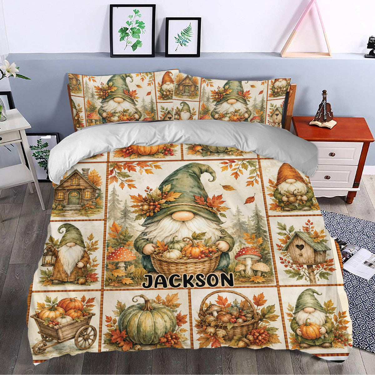 Autumn gnome duvet cover styled in a bedroom with pumpkins, woodland cottages, mushrooms, and falling leaves