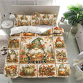 Gnome bedding set in a bright bedroom featuring harvest pumpkins, rustic cottages, mushrooms, and warm fall colors